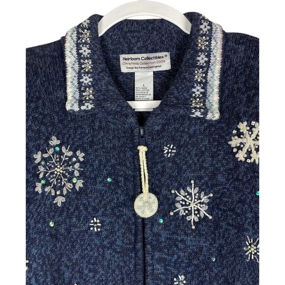 Heirloom Collection Vintage Beaded Snowflake Sweater Jacket Blue Women’s Large - Picture 2 of 15